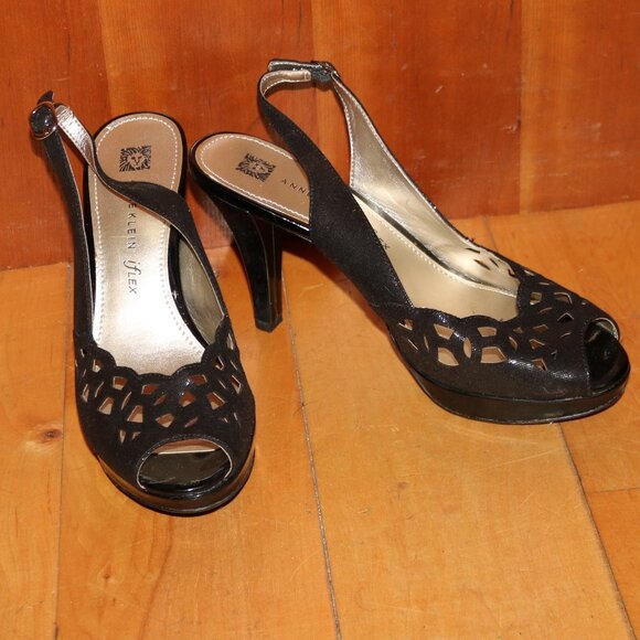Anne Klein iflex Black Textile w Cutout Lace Design Peep Toe Slingback Heels 10M - Picture 1 of 11